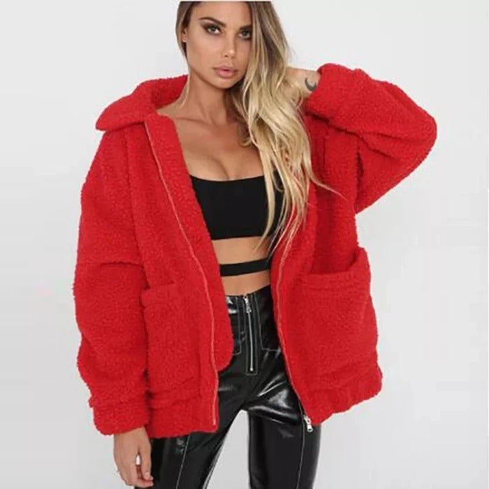 Faux lambswool oversized jacket coat Winter black warm hairly jacket Women autumn outerwear-9