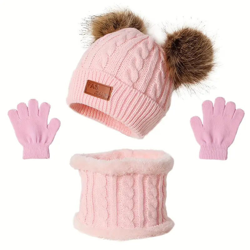 Cozy Kids' Winter Knitted Hat, Scarf, and Glove Set - Pink-0